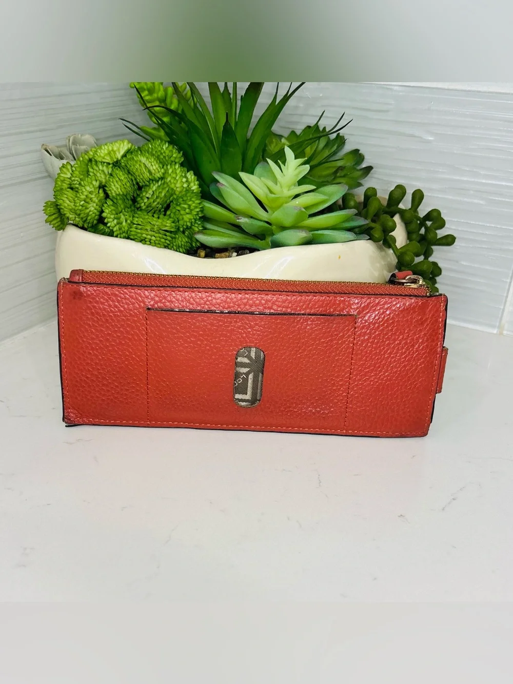 Lodis Red Leather Zip Wallet Slim Card Holder Organizer Gold Logo